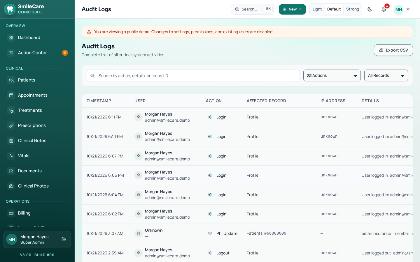 SmileCare audit log screen