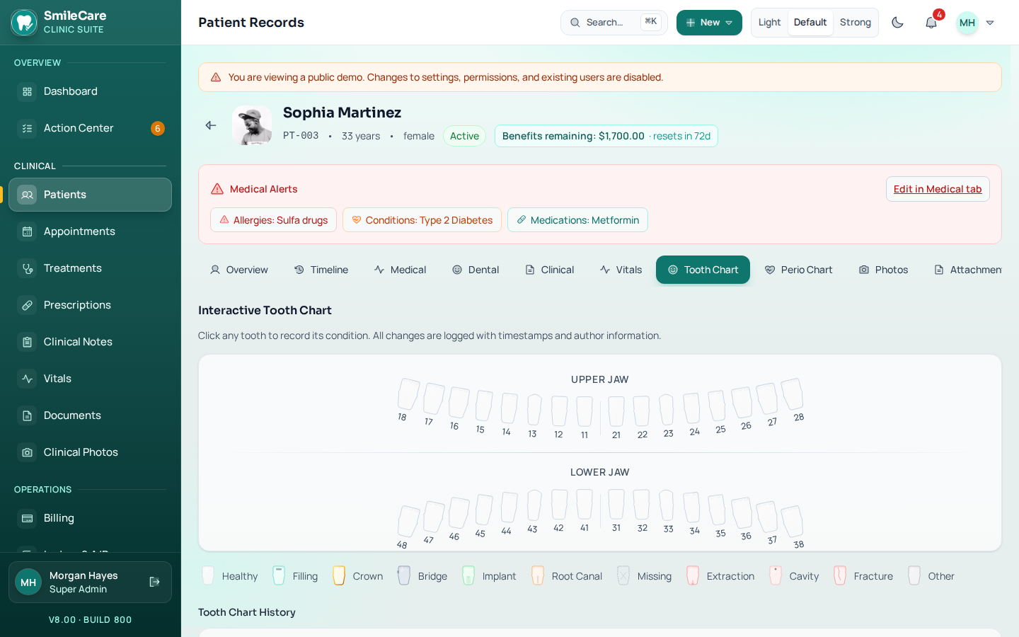 SmileCare interactive tooth chart screen