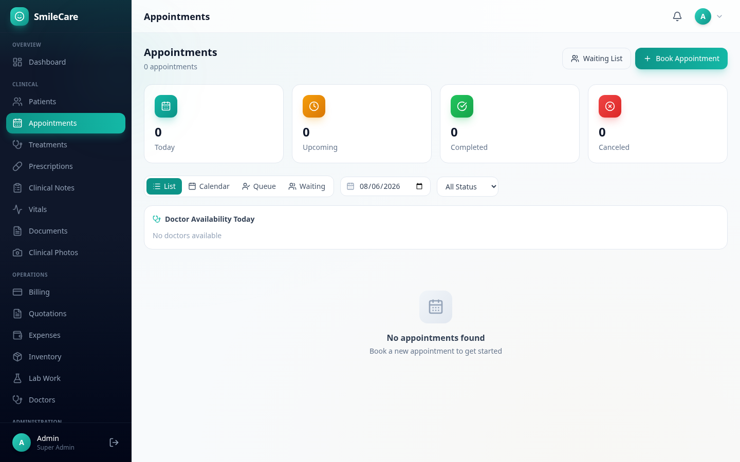 SmileCare appointment scheduling with calendar, queue, and waiting list views