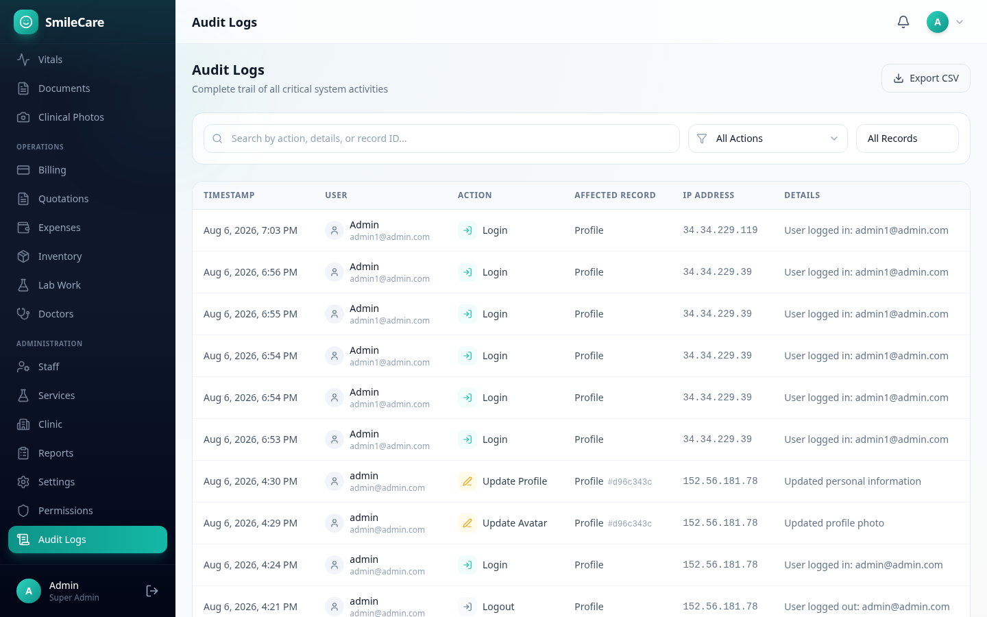 SmileCare audit log viewer with searchable activity trail