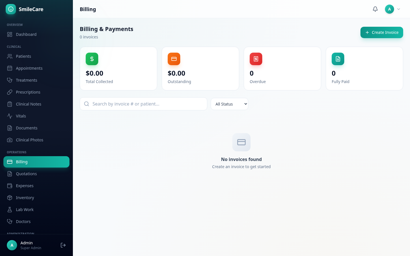 SmileCare billing system with invoices, payments, and printable receipts