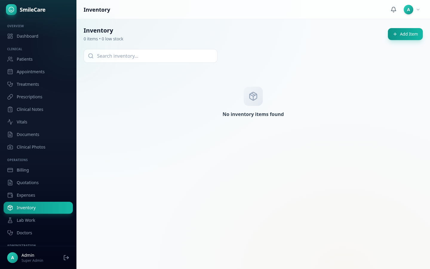 SmileCare dental inventory management with low-stock alerts