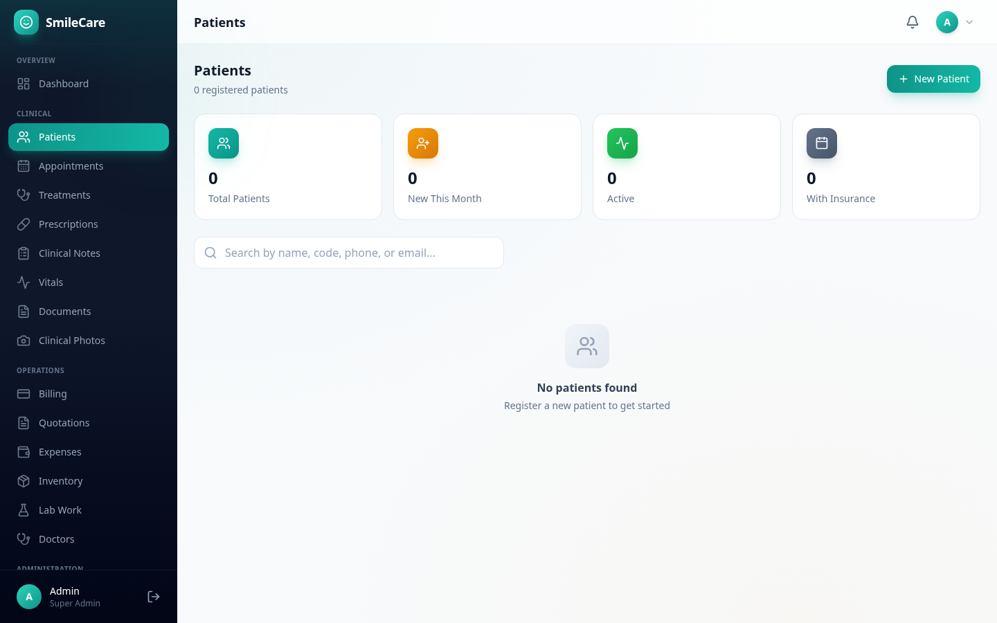SmileCare patient management page with patient cards and search