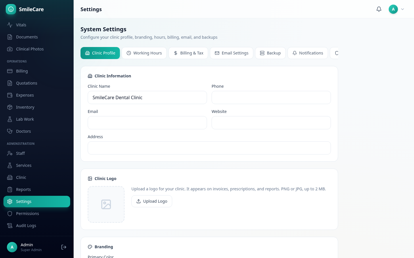 SmileCare system settings with clinic profile, billing, email, and module toggles