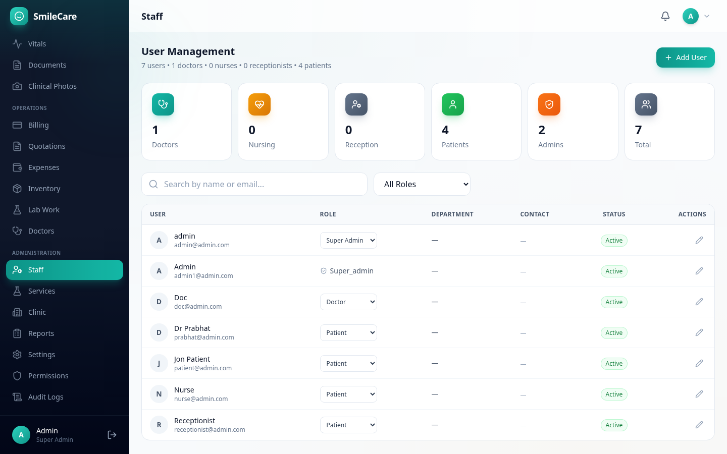 SmileCare staff management with user accounts and role assignment